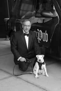 Black and white photo of Bob Soltys and his dog Lucky